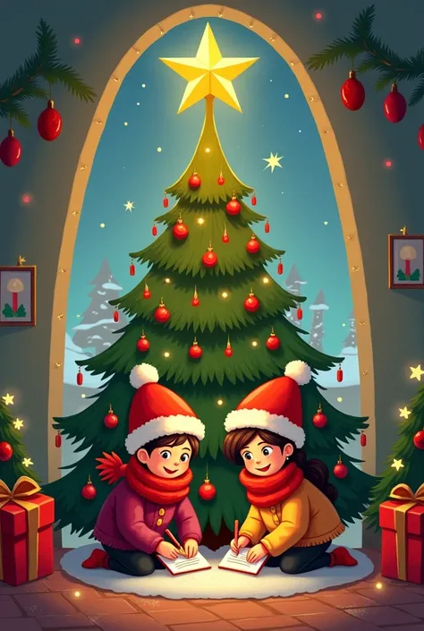  A Christmas tree with red balls and a big star on the top, Under the tree there is a couple writing in a letter in a Christmas atmosphere in a cartoon