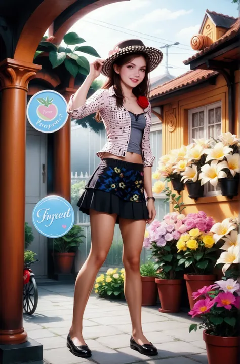 young woman, smiling, standing posed, flower garden, house beside, Greco-Roman Architecture house, holding a rose {+swept-side bang, dark-brown hair, long hair, black checkered hat}, BREAK, light-gray 3/4 sleeves  shirt (+open shirt, exposed pastel-blue st...