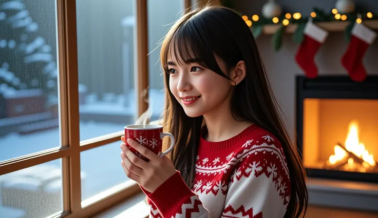 manhwa style, hand-drawn, detailed artwork of {a joyful girl in a cozy red and white Christmas sweater, sitting by a frosted window with snow gently falling outside, holding a steaming mug with snowflake patterns}, in a festive {living room decorated with ...