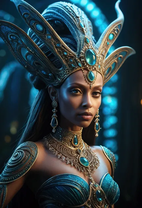 a beautiful alien queen, 1 extraterrestrial woman, detailed beautiful facial features, striking eyes, elegant long neck, graceful flowing hair, intricate alien headdress, ornate alien jewelry, ethereal glowing skin, ornate alien dress, dramatic otherworldl...