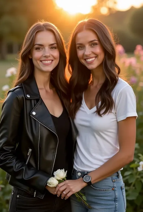 The image shows Katie McGrath and Melissa Benoist standing in a garden at sunset, with warm, golden lighting that enhances her features and contours. In the background, an out-of-focus environment is observed with flowers in soft green and pink tones, whic...