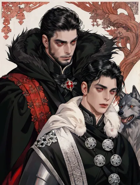 Black hair, Red eye,  less-shaved chin beard,  eye wound , Grand Duke of the North, 50s, lifeless eyes ,  wolf-like eye , fur, armor, cloak, Cold northern , Black clothes, masculine face, A face that has gone through a lot of hard work