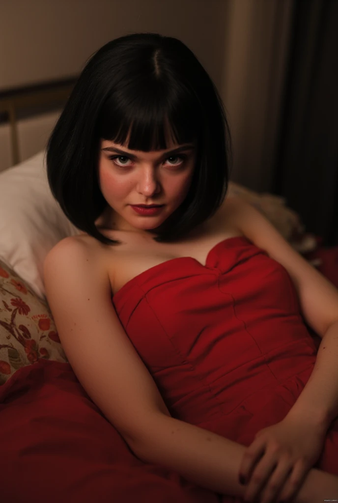 Lying on a bed limp, seductive, red strapless dress, black bob cut hair, drunk face