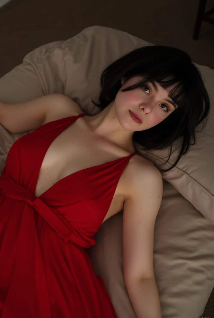 View from above, Lying on a bed limp, seductive, red strapless dress, black bob cut hair, drunk face