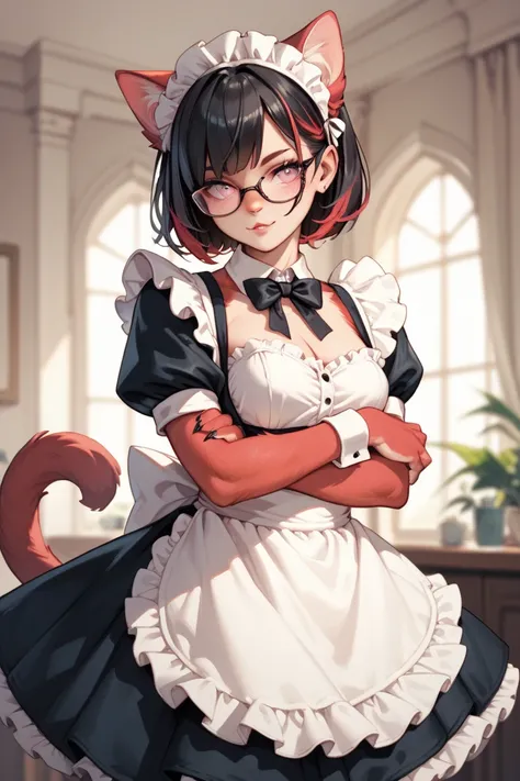 A Cat wearing glasses with pink eyes and long red fur with black highlights wearing a maid uniform