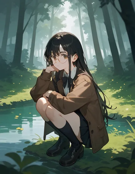 alone,girl,Black blonde hair,Bangs, ,Long hair,Black hair ends, Brown Jacket, in gold-bronze eyes ,Black hair ends,detective, White Shirt, Black skirt,Wear round glasses,Bow down,throw,Rim Tharan , Dark Morning Time,Squat,In the forest, river 