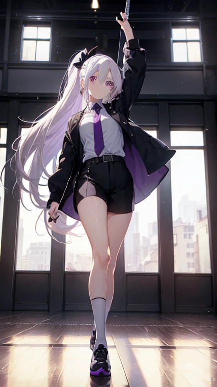 1 girl, medium breasts, purple eyes, ((( white hair))), hair accessories, tall, young, equipment-sword, long hair, tie hair, indoors, black shorts, lift your legs up, low ponytail