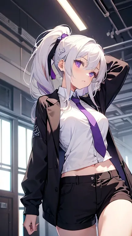 1 girl, medium breasts, purple eyes, ((( white hair))), hair accessories, tall, young, equipment-sword, long hair, tie hair, indoors, black shorts, lift your legs up, low ponytail