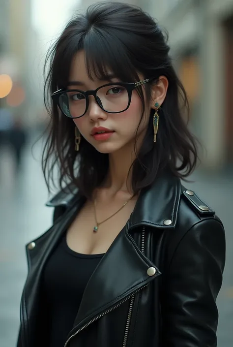 Tender chick with glasses and black leather jacket and earrings