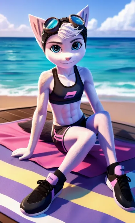 Rivet, tail, furry girl, 1girl, solo, young, pink sport shorts, pink sport bra, black soccer shoes, ocean background, sitting on a towel, detailed body fur, detailed body, detailed eyes, detailed face, athletic, skinny, high quality, masterpiece, goggles, ...