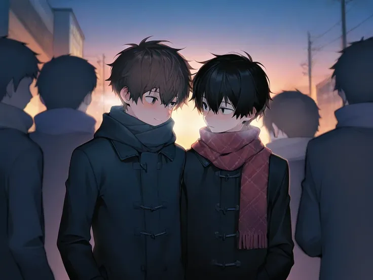 (( top quality )), ((masterpiece)), (  Details),  two boys ,  scarf,bustling street,dusk,rule of thirds,Over the shoulder of the brown-haired boy,slim,student,black hair,brown hair,Two people meet,winter