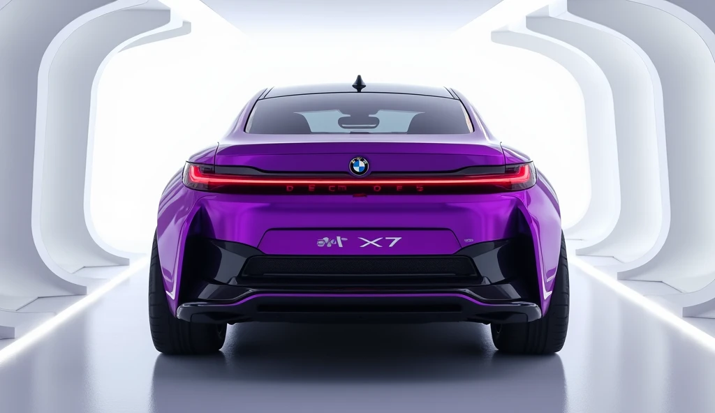 A captivating and futuristic image of the 2025 BMW X7 series  Small Pickup TrucK takes center stage in a luxurious white showroom. The car is painted in a striking vibrant purple  hue, showcasing its back side, aerodynamic design with bold accents that hig...