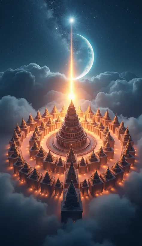 "Create an image featuring 108 Shiva temples, each represented as small, intricately designed structures, arranged in a large circular pattern or spiral, symbolizing the sacred 108 Shivaratri temples. Each temple should have a distinct style, with traditio...