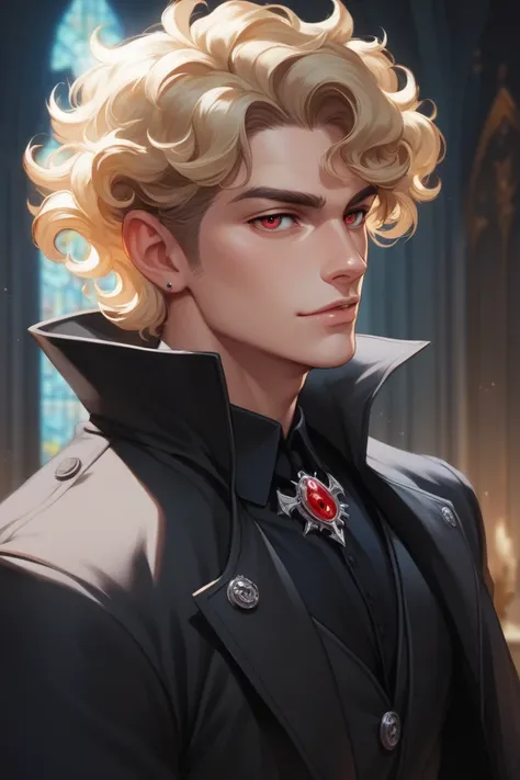 a male vampire in a gothic castle, handsome, mysteriously handsome, medium length curly blonde hair, red eyes, bad boy, dynamic posing, 1800s clothing, long black trench coat, highly detailed digital art.