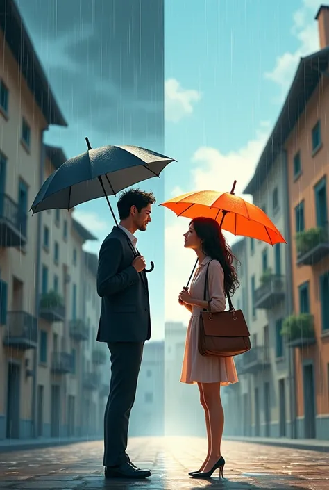 (photorealism: 1.2) A hyperrealistic, romantic and melancholic illustration. A place divided between the sunny day and the cloudy day with rain. In the foreground, in the part of the man it looks rainy and the sky is cloudy, he is a handsome man with A sho...