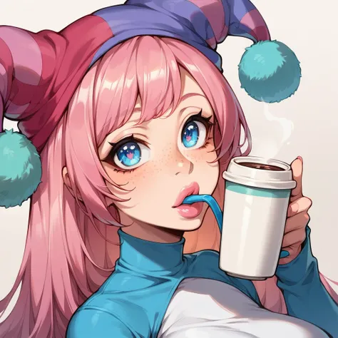 drinking coffee, jester hat, bangs, very long hair, pink hair, shiny hair, cartoon face, pink lipstick, plump lips, perfect face, textured skin, freckles, freckles on nose, doe eyes, big eyes, blue eyes, retina, expressive eyes, slim waist, thick thighs, l...