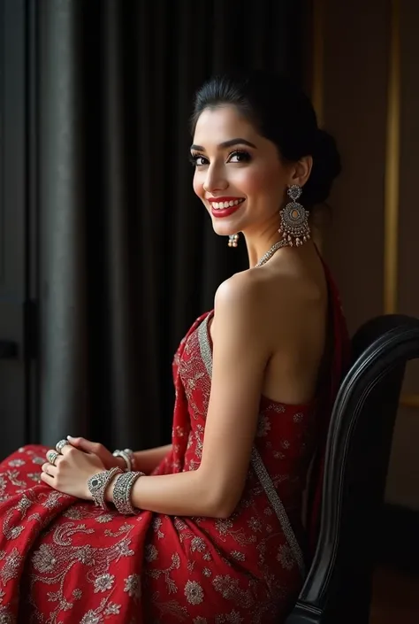 A beautiful young Russian woman smiling face 
sitting on the chair back over shoulder h exposing her back full body pose  wearing a glamorous black sequined saree with intricate shimmering details and a matching sleeveless blouse. She is adorable, bracelet...