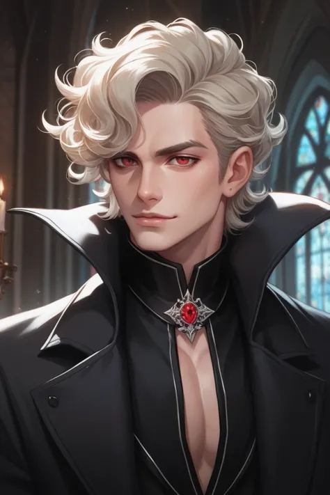 a male vampire in a gothic castle, devilishly handsome, mysteriously handsome, medium length curly platinum blonde hair, red eyes, bad boy, dynamic posing, 1800s clothing, long black trench coat, highly detailed digital art.