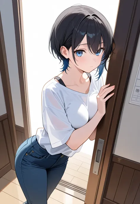 score_9,score_8_up,score_7_up,rating_safety,source_manga,masterpiece,best quality,hyper detailed,super fine illustration,8k,front angle,fullbody,BREAK  1girl,29yo,black hair,short hair,blue eyes,white shirts,jeans,standing,BREAK white background,simple bac...