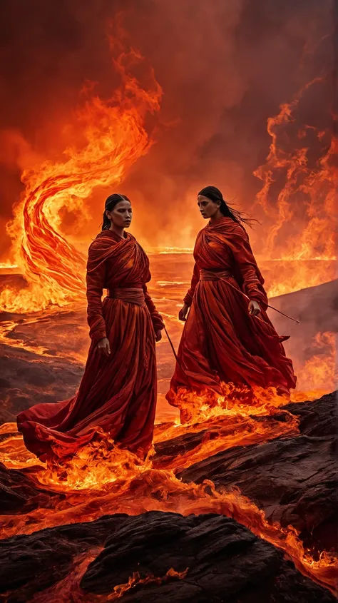 The image features several individuals in a dramatic landscape, with a fiery backdrop symbolizing strength and resilience. They are depicted in flowing garments, suggesting a journey through difficult circumstances. The flames in the background enhance the...