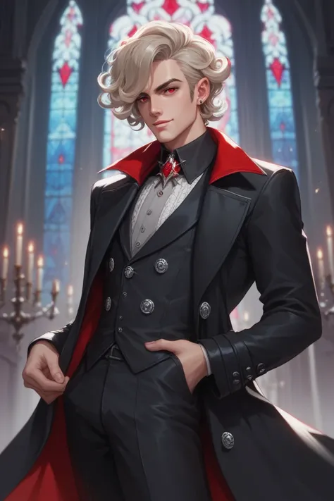 a male vampire in a gothic castle, devilishly handsome, mysteriously handsome, medium length curly platinum blonde hair, red eyes, bad boy, dynamic posing, 1800s clothing, long black trench coat, highly detailed digital art.