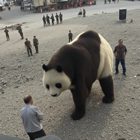 "A colossal, monster-sized panda moves closer, its immense form towering over everything. Yet, the  shows no fear. She gently reaches out her hand to stroke the creature with tenderness. In the distance, an army and soldiers stand watching cautiously, keep...