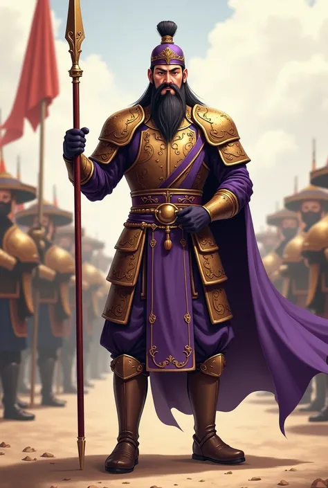 Lets draw a Zhou Pington soldier, a military rank, standing guard in a military camp, a golden armor, a purple suit, a purple iron hat, holding a royal-era spear, a tank of troops, wearing a simple suit.