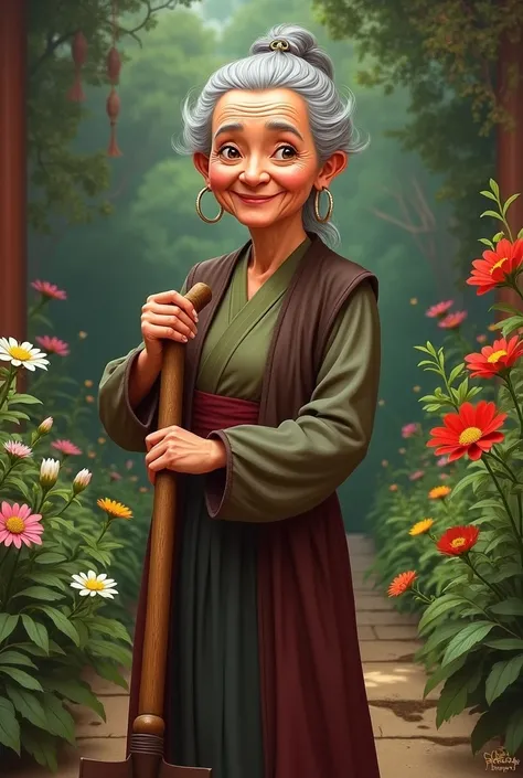 Mulans grandmother with a shovel in her hand