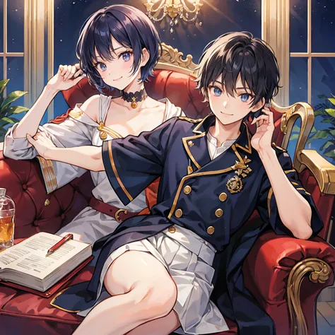 Navy Hair, Short Hair,  Wizard,  male student, Prince, Light clothing, Smile , luxury, Sofa, Clean hands