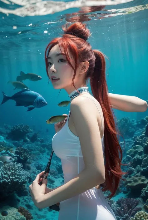 Red-haired woman with fish tail under the sea