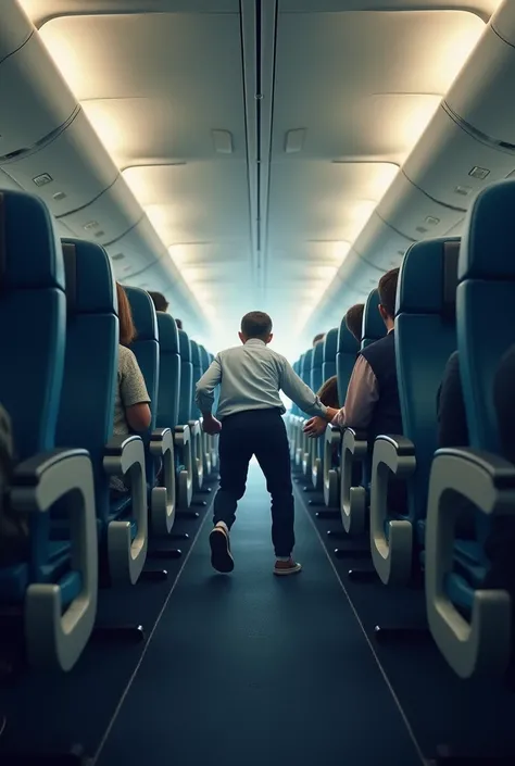  Interior image of an airplane with two rows of 3 armchairs on each side of the one with a corridor in the middle . The armchairs are in the same position ,  one behind the other with the airplane windows next to them .
The seats are all occupied and a man...