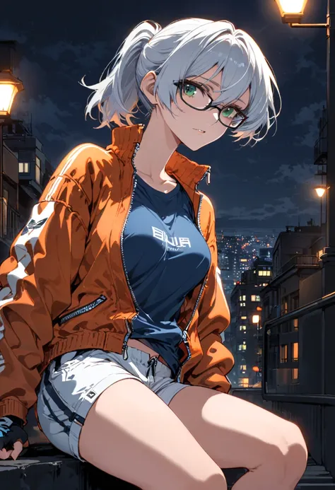 nighttime, streetlight illumination, dimly lit,background is a wall of a building,1girl, ( silver hair),green eyes, fingerless gloves,hair between eyes, short hair, ponytail,medium breast,(plain dark blue t-shirt,white shorts,sneakers,orange jacket unzippe...