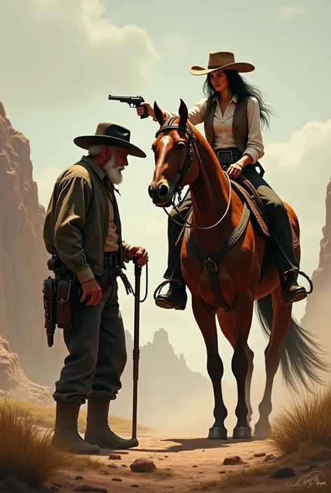 Old man with a cane placed on the left, woman on horseback with gun in her hand placed on the right