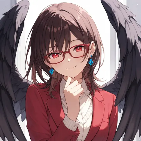 Alone,woman, medium hair,Dark brown hair,Red eyes，smile,Black Wings,blue earring, red glasses