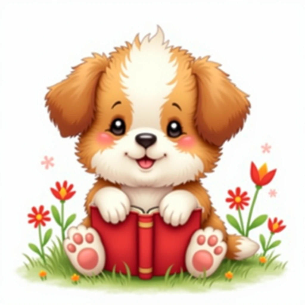 A cute fluffy puppy cartoon with soft brown and white fur sitting in a colorful meadow surrounded by flowers. The puppy is holding an open red book with its paws, looking curious and adorable. The background is minimal with small red and orange flowers and...