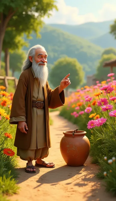 Create a Disney Pixar style wide shot of an old man with white hair and a gentle smile standing on a dirt path. He is pointing to a row of vibrant flowers blooming along one side of the trail. The cracked pot with expressive, wide eyes is shown in the fore...