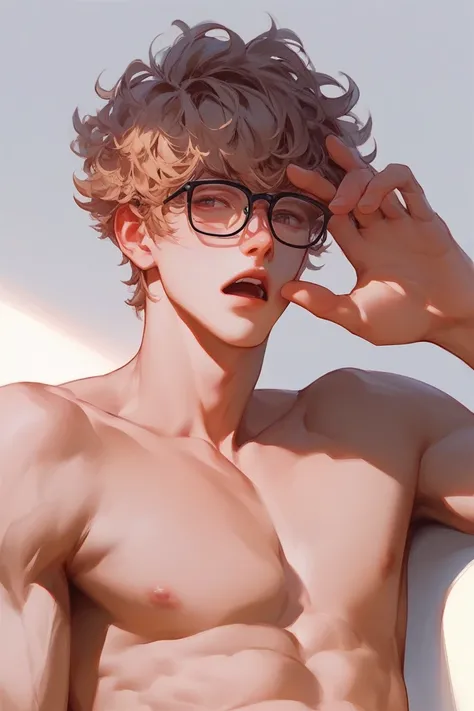  top grade 、 very detailed、 boys、 shortcuts、Hand covering one eye 、Big Hands、Glasses、 Light Brown Hair、Curly hair、 one man with holes 、 Open Mouth 、 shirtless in the lobby、 upper body closeup