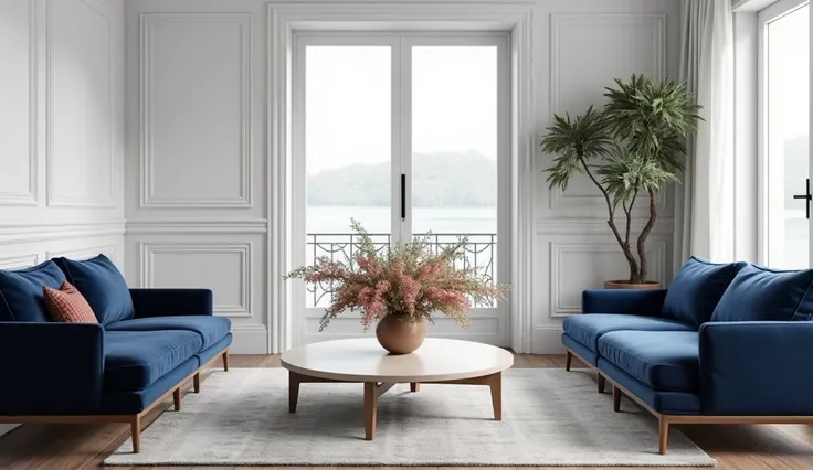 "A sophisticated navy blue living room with Scandinavian-style furniture, white trims on the walls, and a round coffee table holding a vase of fresh flowers."

