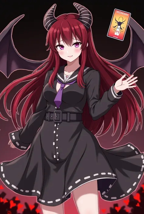 anime character with horns and horns on her head and a name tag, concept art inspired by Shinoda Toko, pixiv, romanticism, demoness, trading card, demonic, [ tarot card ]!!!!!, gapmoe yandere grimdark, from arknights, official artwork, demonic! compedium!,...