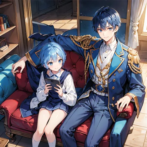 Blue Hair, Navy Hair, Short Hair,  Wizard,  male student, Prince, Light clothing, Smile , luxury, Sofa, Clean hands