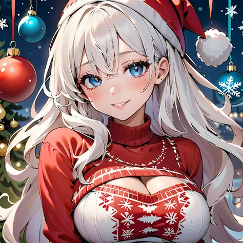  long-haired woman , albino hair,  white hair, cute hairstyle ,  straight hair ,  heavenly eyes ,  white skin ,  blushing , smiling,  big boobs, Milf,  dressed in a Christmas sweater,  sweater with neckline , marked neckline,  protruding breasts , sexy, ho...