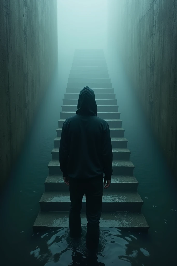 Un homme en sweat à capuche sombre monte un escalier immergé sous l’eau. L’escalier est submergé jusqu’à mi-hauteur, et l’homme est à moitié sorti de l’eau, visible de profil. Il semble s’élever lentement dans l’eau calme d’un maraîchage, dont le sol est p...