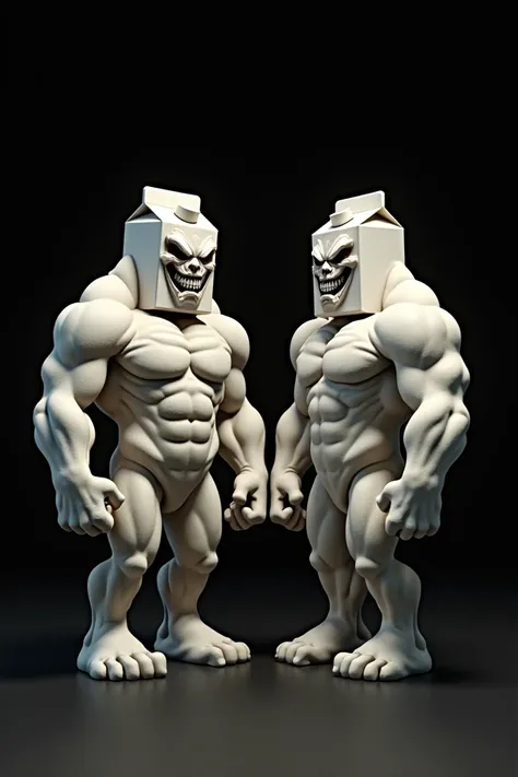 Two milk boxes with super strong arms and a diabolical face with a black background 