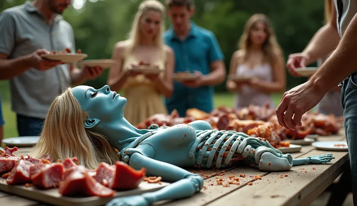 an attractive female with long blonde hair wearing clown makeup head and upper torso attached to a skeleton lower torso, flat on her back facing left with eyes closed on a serving tray on the picnic table. There are just raw bits of meat stuck to the bones...