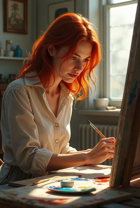 Realistic image of a red-haired woman working with paint