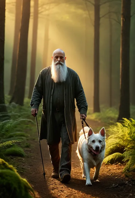 a bald man with a long white beard walking with one  mix dog in a forest clearing, sunrise, realistic, ultra-detailed, hyperrealistic, cinematic lighting, beautiful vivid colors, dramatic lighting, stunning landscape, atmospheric, intricate details