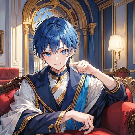 Blue Hair, Navy Hair, Short Hair,  Wizard,  male student, Prince, Light clothing, Smile , luxury, Sofa, Clean hands