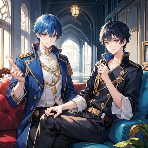 Blue Hair, Navy Hair, Short Hair,  Wizard,  male student, Prince, Light clothing, Smile , luxury, Sofa, Clean hands