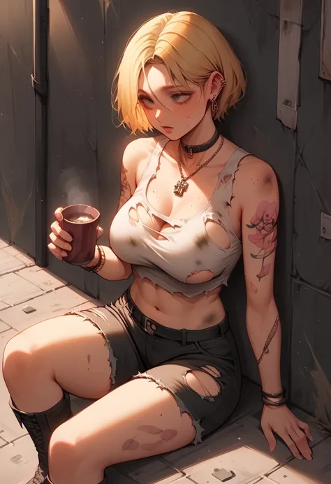 MILF, short blonde bob hair, torn white crop top, torn shorts, dirty clothes, arm tattoo, tattoos, homeless, sitting on the floor, holding an empty cup