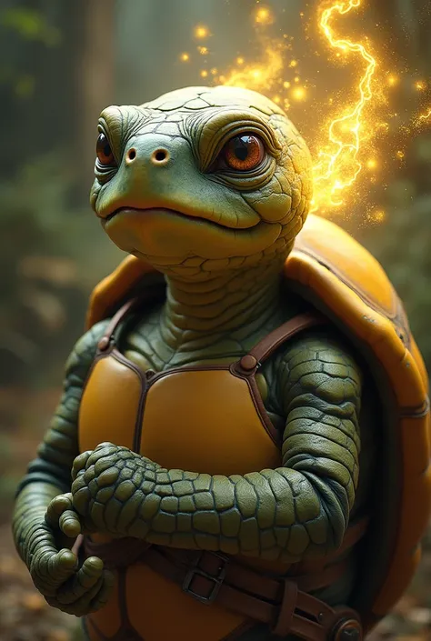 Young turtle man , with golden magic around and intellectual aspect 

